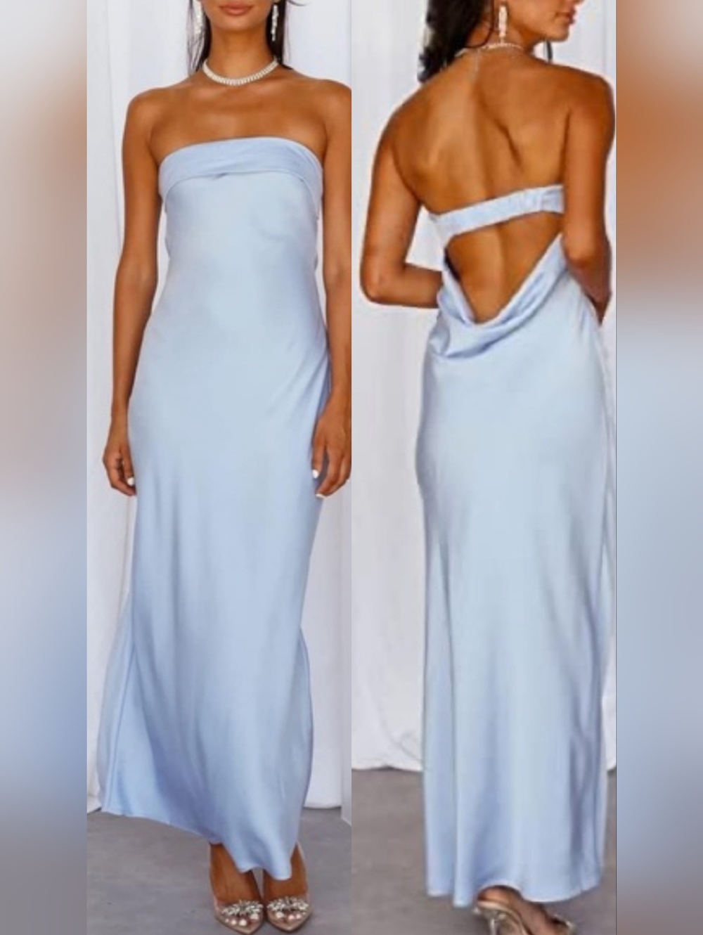 Satin Strapless Open Draped Back Cocktail Formal Party Wedding Guest Maxi Dress